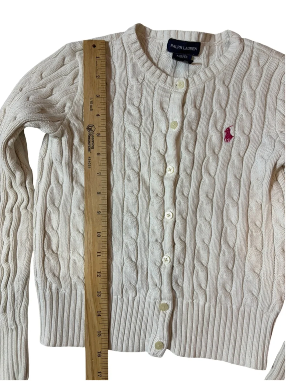 Ralph Lauren Girls Cable Knit Cardigan M 8 10 White Pink Pony Cotton Sweater